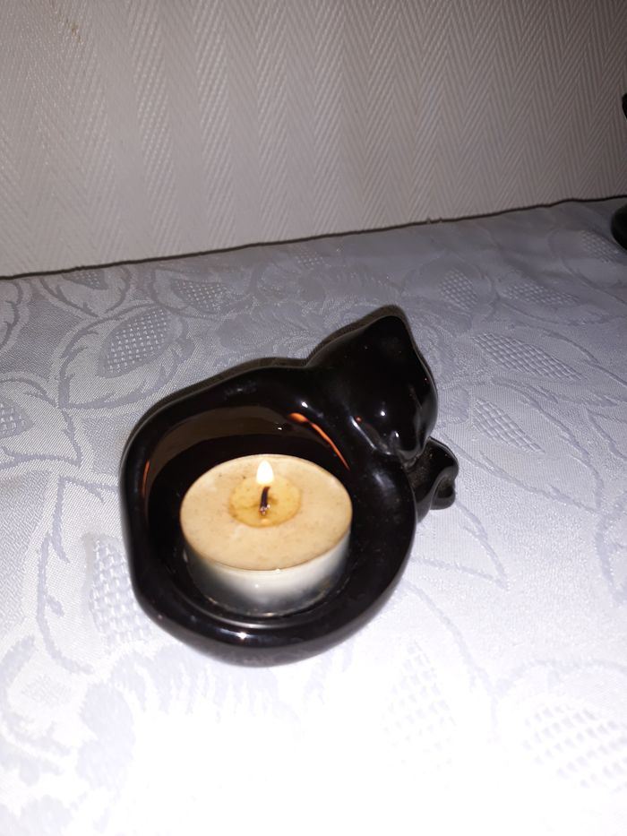 Faby27800 Porte bougie "Partylite" Chaton dormeur en céramique noire pour bougies réchaud