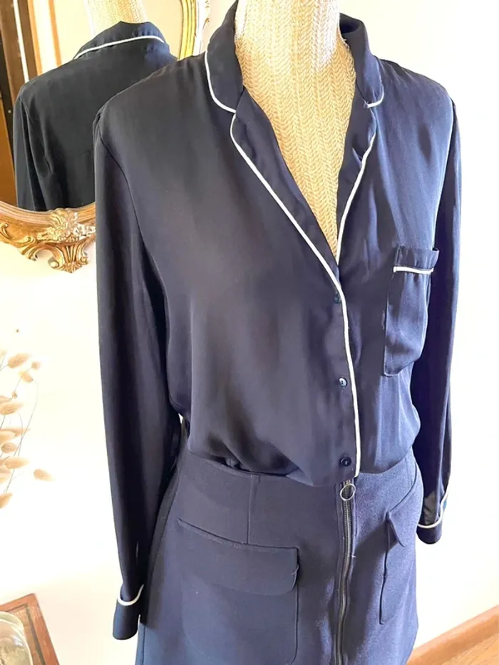 Sublime blouse chemise à boutonnage et col manche longue noir à liseré blanc fluide Zara taille L - photo numéro 17
