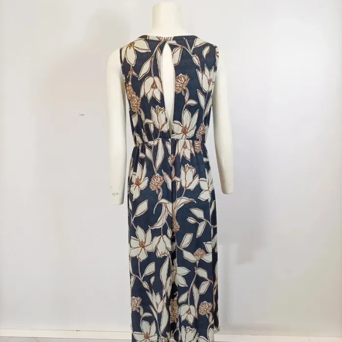 Robe plissée sans manches - Taille M - robe longue Noir motif beige - dos ouvert - ceinture taille M - photo numéro 3