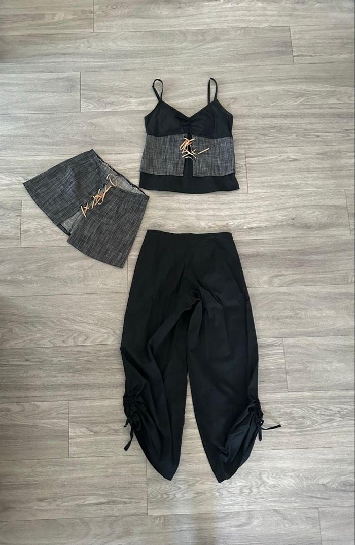 Ensemble 3 pièces crop top ceinture serre taille Pantacourt Y2K Cyberpunk T36 S