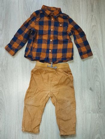 Ensemble type bûcheron pantalon et chemise à carreaux ocre moutarde garçon 12 mois In Extenso