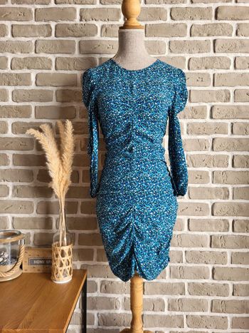 Robe bleue fleurie Zara fronces et manches ballon