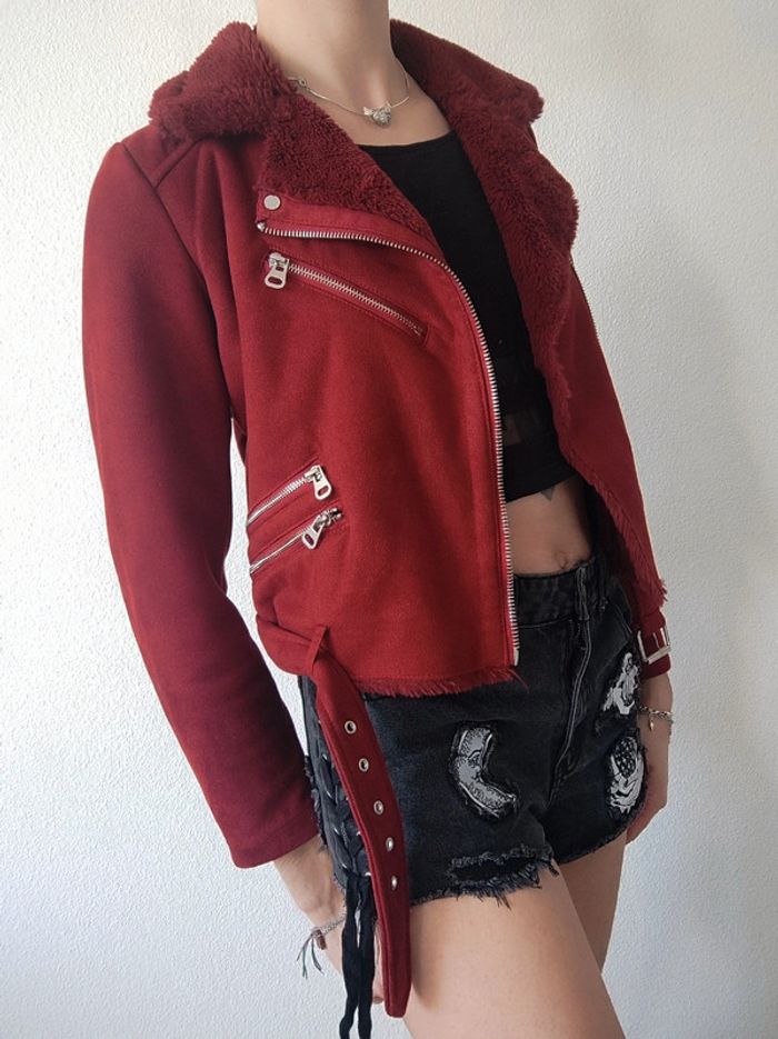 Perfecto blouson veste daim col fourrure rouge foncé / Pimkie - 36/S à 38/M - photo numéro 5