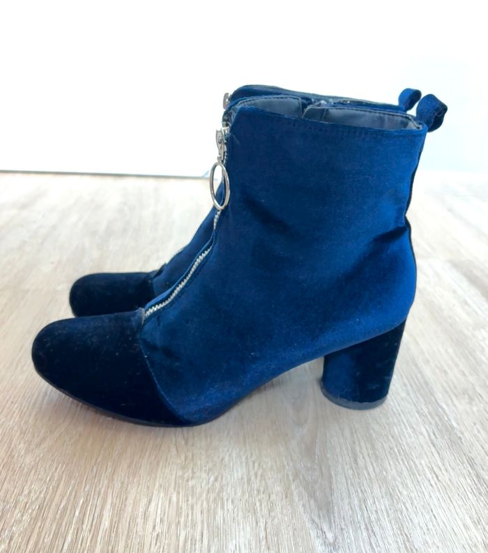 Bottines bleu marine effet velours – talons ronds & zip argenté chic - photo numéro 4
