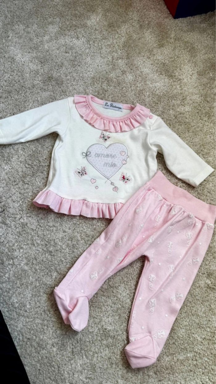 Ensemble coton blanc et rose – 1-3 mois