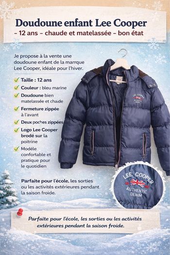 Doudoune enfant Lee Cooper – 12 ans – chaude et matelassée