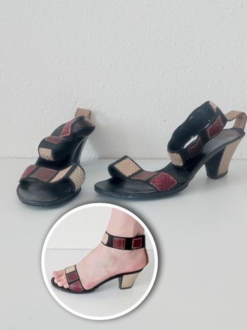 Sandales à talons cuir nuir motif carré beige rouge vintage - 39