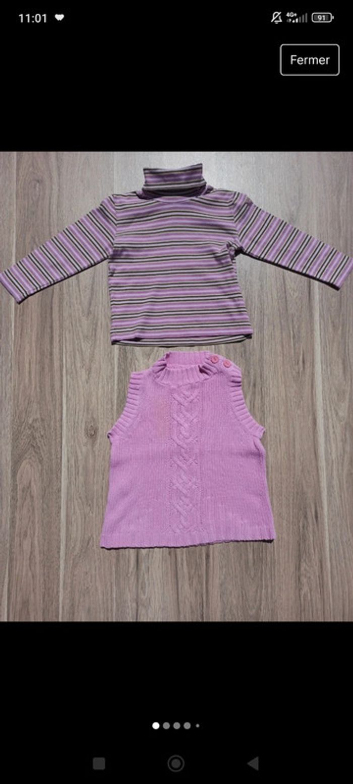 T-shirt col roulé rayé 98%cotton Décathlon et pull sans manches rose 100%cotton 2 ans