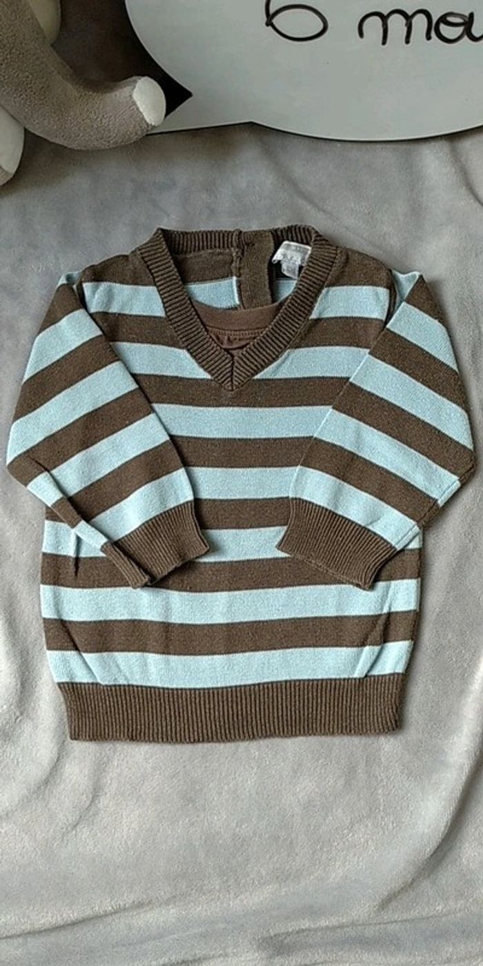 Pull léger col V Garçon 6 mois rayé marron et bleu clair 100% coton Kimbaloo Boy - photo numéro 2