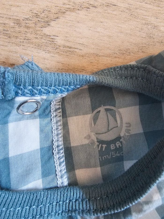 T-shirt Petit Bateau 1 mois 54cm en coton motif à carreaux - photo numéro 3
