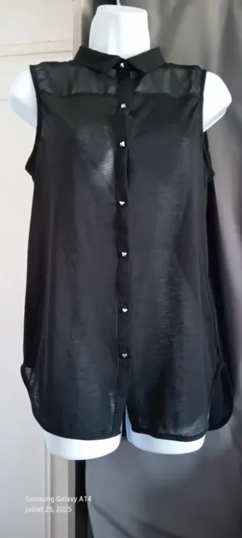 Blouse sans manches longue semi transparente bi matière avec boutons noire femme S h&m