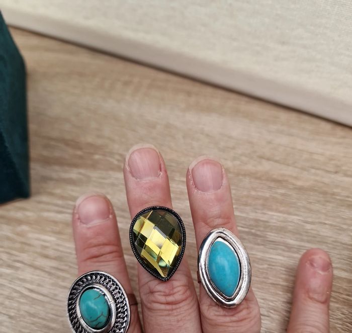 Lot 3 Bagues Réglables Argentées Turquoise Strass - photo numéro 12