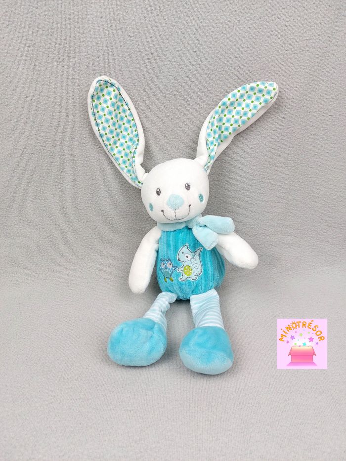Doudou peluche lapin bleu blanc MOTS D'ENFANTS écharpe chouette écureuil