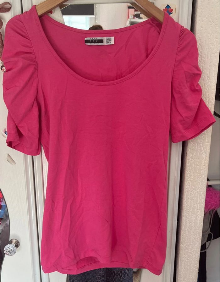 Pull col rond, manches bouffante courte, rose, Zara, M - photo numéro 2