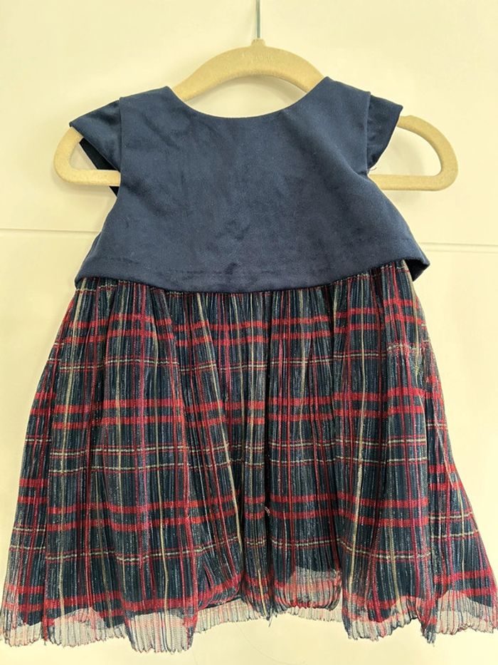 Robe bi-matière velours et tulle à carreaux bleu bébé fille