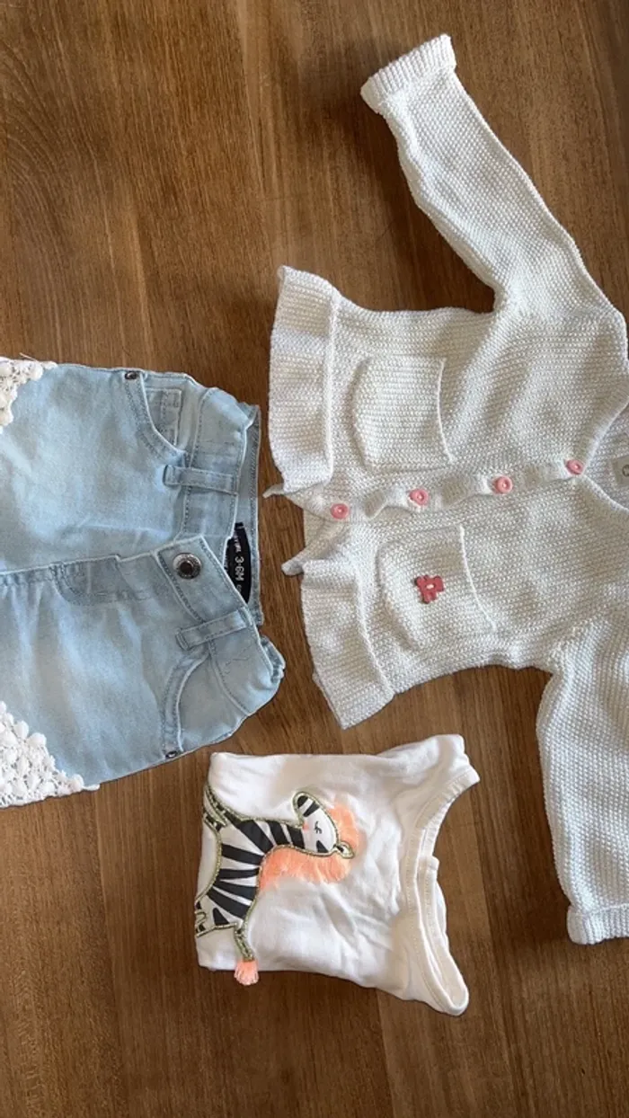 short primark/tee-shirt kiabi/gilet lulu castagnette 3 mois/pull gemo 6 mois offert (etat moyen) - photo numéro 2