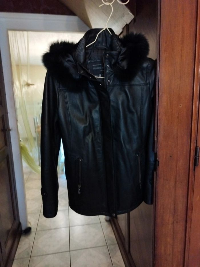 Veste parka à capuche vrai cuir noir M/38
