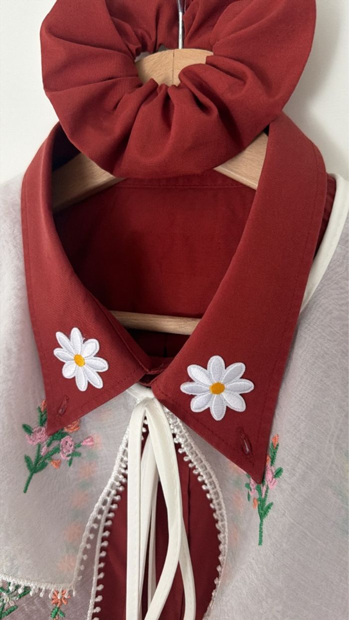 chemise coton fluide oversize rouge brique maxi col chic blanc brodé vintage - photo numéro 6