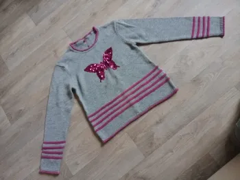 Pull 12 ans fille gris rose orchestra hiver chaud col rond neuf gris sequins papillon