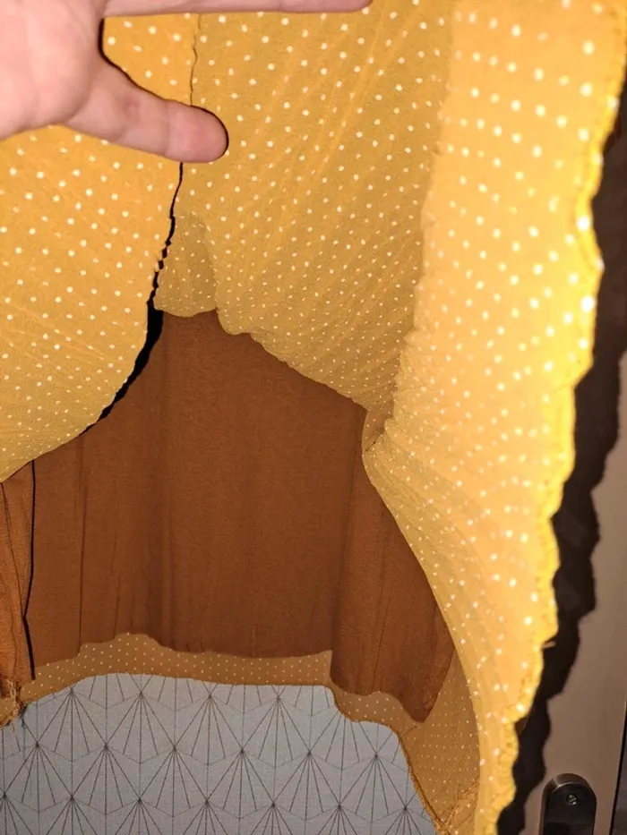 Blouse doublée femme jaune pois blanc tbe porté 1 fois étiquette coupée 50/52 - photo numéro 3