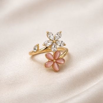 Bague  doré fleur strass et fleur rose pêche Neuf