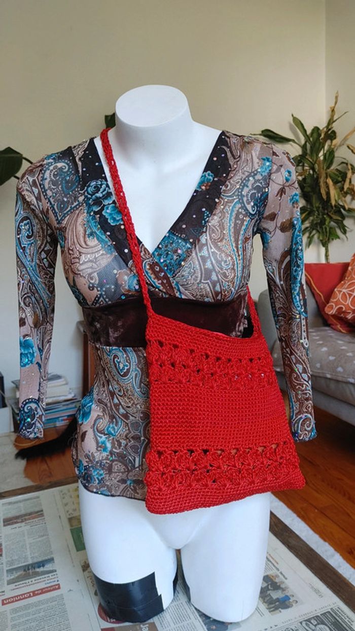 Sac bandoulière en crochet rouge fermeture à zip - photo numéro 9
