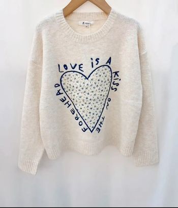 Pull beige logo coeur fleur broderie tendance laine