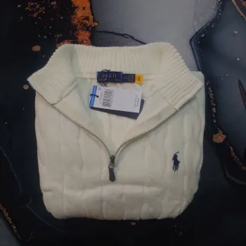 Pull torsadé Half Zip Ralph Lauren - Taille XL - Blanc logo brodé noir - Neuf