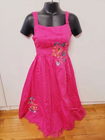 Robe rose fushia motifs fleurs floraux multicolores smokes monsoon princesse dentelle taille XS 34