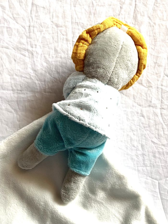 Petit Chaton Chat Gris Doudou Mouchoir Bleu Pailleté Blanc Animal Faune Peluche Petits Enfants Bébés - photo numéro 8