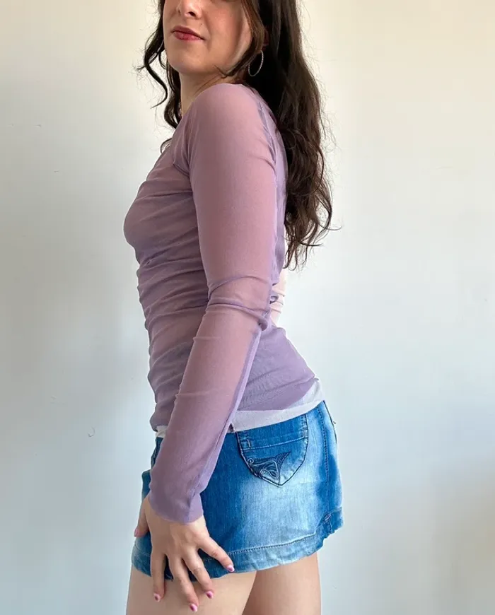 Haut vintage y2k années 2000 mauve et beige drapé transparent taille S - photo numéro 2