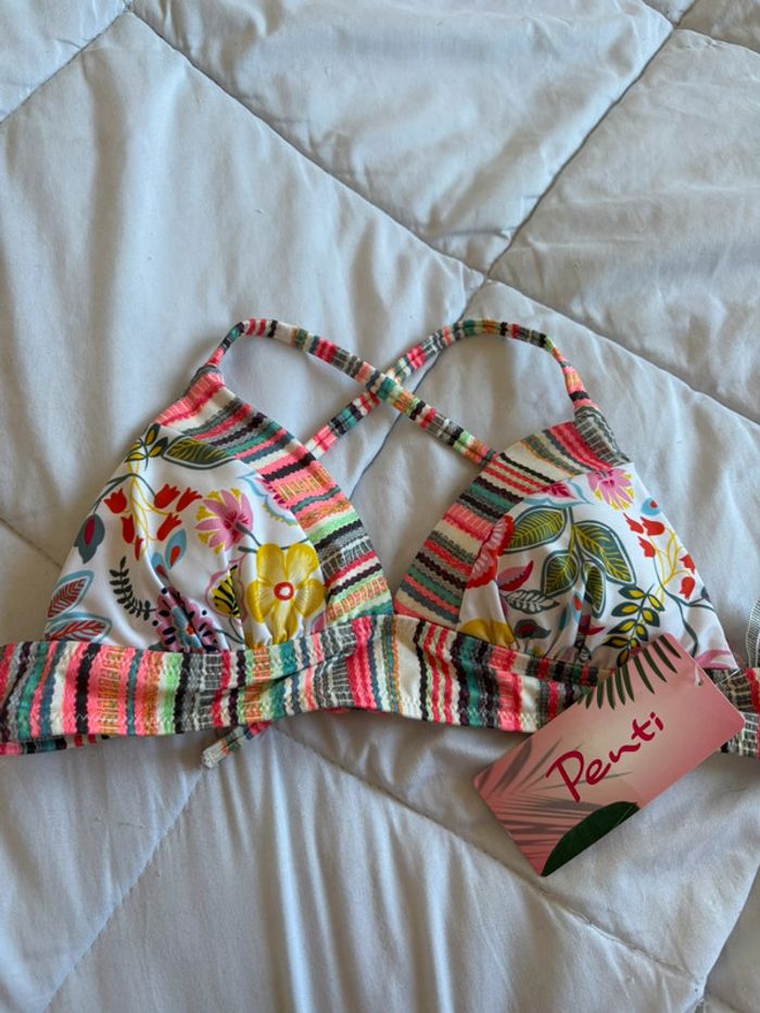 Jolie haut de maillot de bain - bikini top multicolore motif fleurie rayé taille XS/34