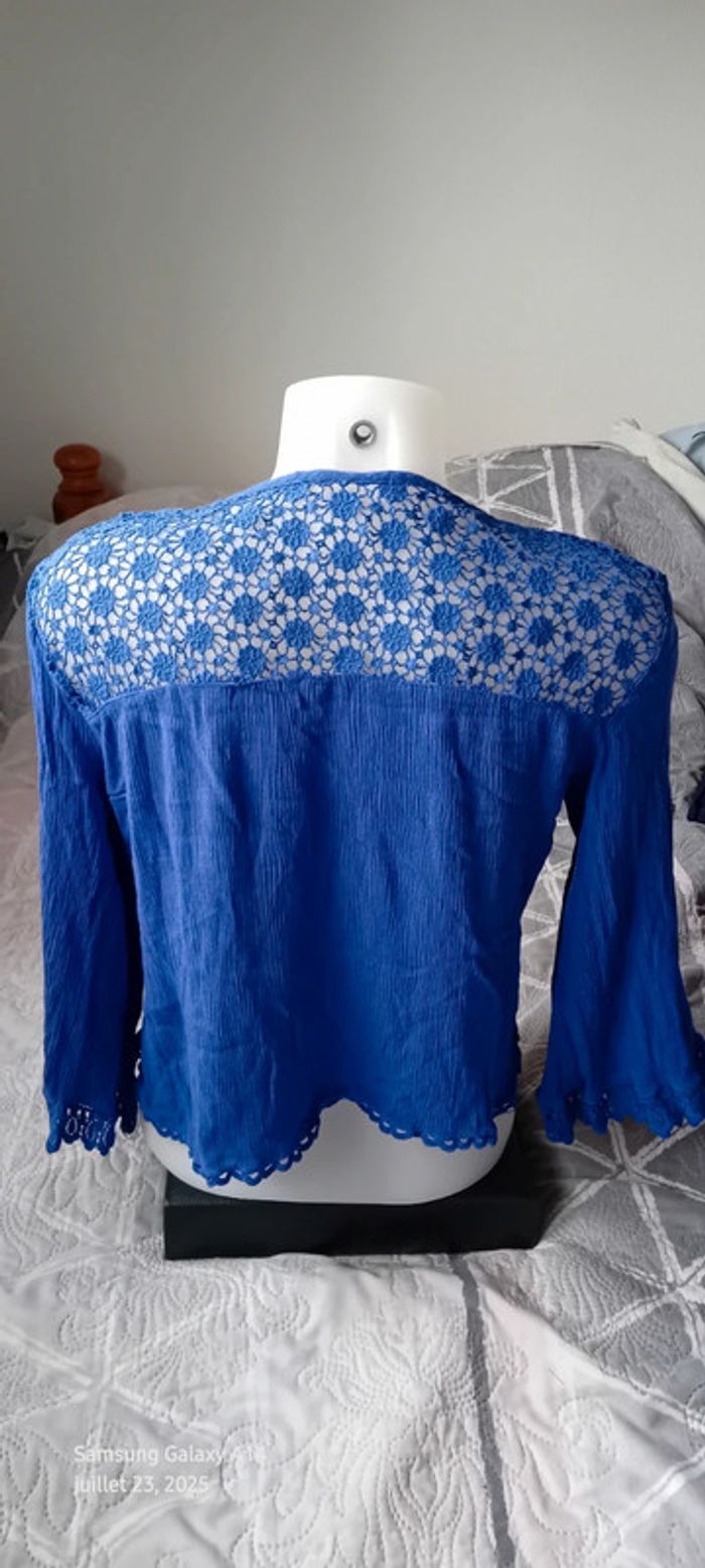 Blouse courte manches pagodes avec dentelle tissus plissé lien à pampilles bleu femme L - photo numéro 5