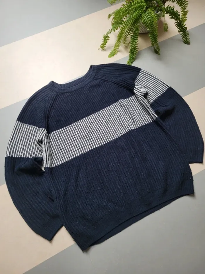Pull sweat knit en maille pull&bear bleu marine blanc taille M - photo numéro 2