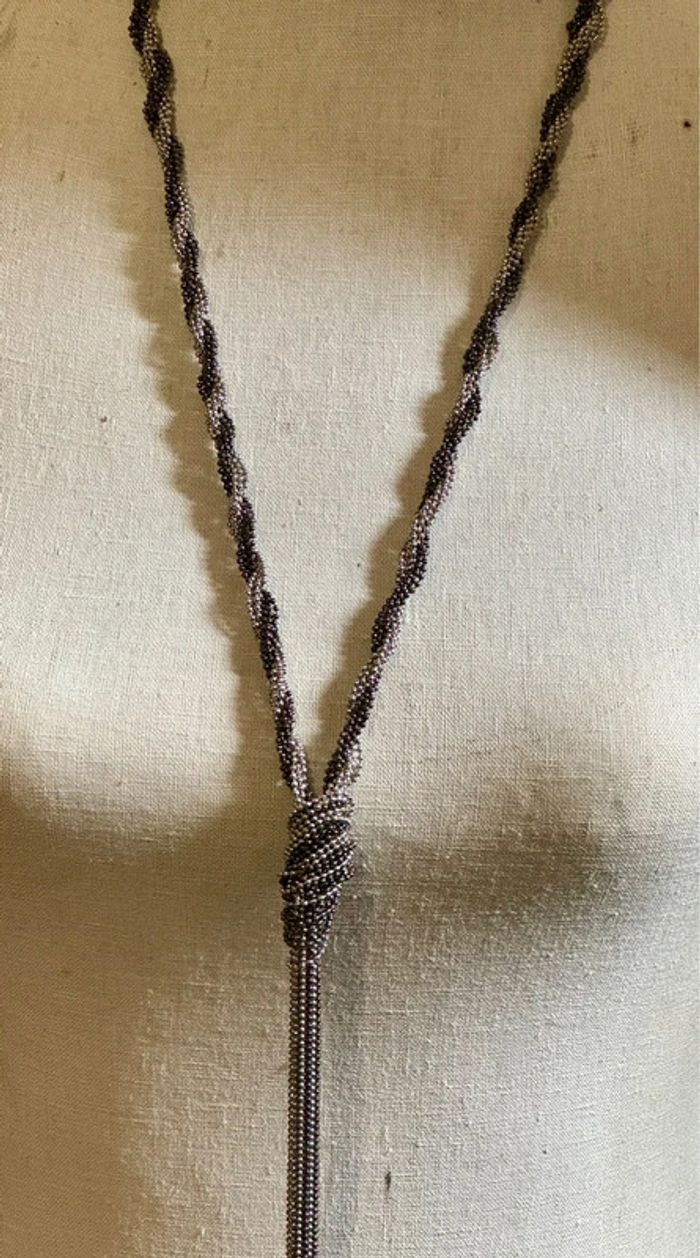 Collier sautoir chaînes éboulés tressées acier inoxydable argent et noir - photo numéro 3
