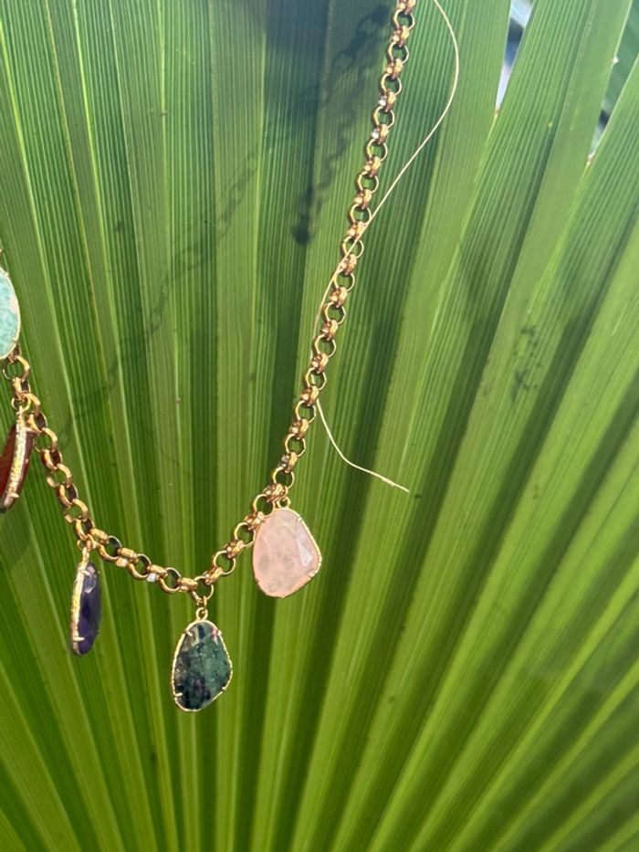 collier mailles épaisses acier inoxydable or habaha Paris pavés pierres naturelles véritables - photo numéro 6