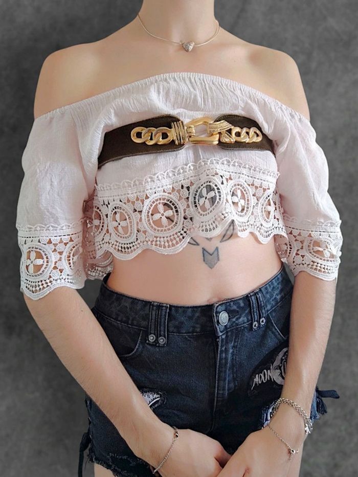 Top épaule dénudé blanc rose pastel dentelle vintage - 36/S à 42/XL - photo numéro 5