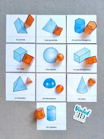 Cartes de nomenclature des solides géométriques avec figurines Montessori