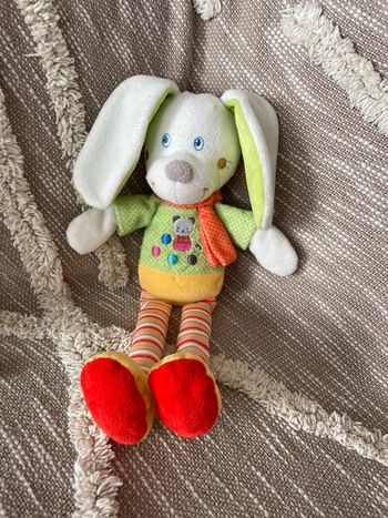 Peluche doudou 29cm mots d’enfants lapin blanc vert orange et jaune bon état