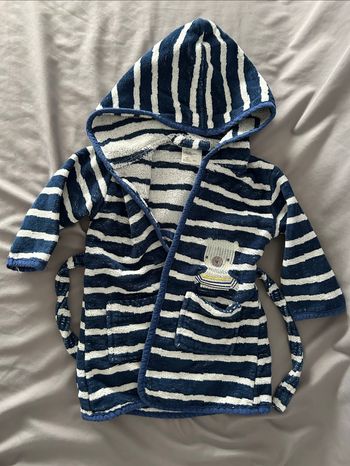 Peignoir de bain rayé bleu et blanc ourson brodé Vertbaudet 80cm