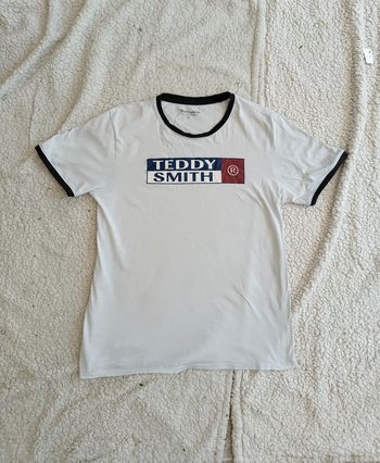 T-shirt Teddy Smith blanc à col noir – logo vintage style rétro – T. XXL