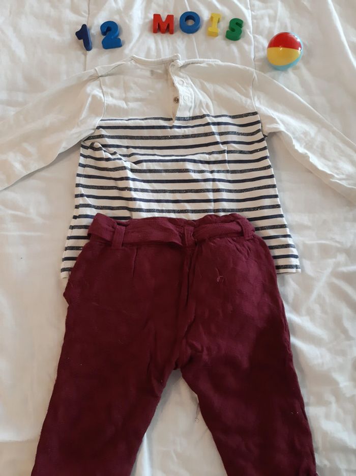 Ensemble Kiabi : haut manches longues rayé et pantalon bordeau - photo numéro 2