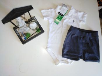 Ensemble 2 pièces garçon 2,4 mois neuf étiquette, mi saison, été, short marine, body style polo  blanc col, logo,