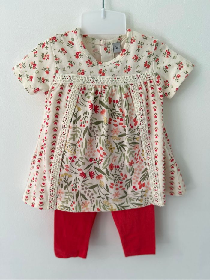 Ensemble robe legging bébé 3 mois rouge à fleurs