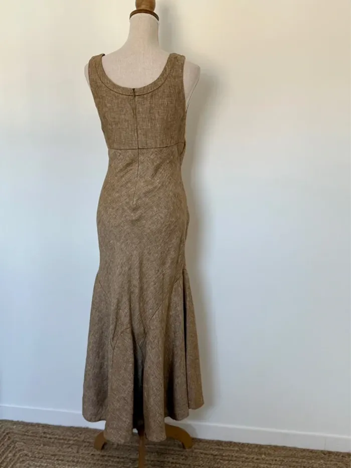 Robe longue marron bretelles été volant zip midi woman donna mujer 40 lin taupe Kleid dress Vestido