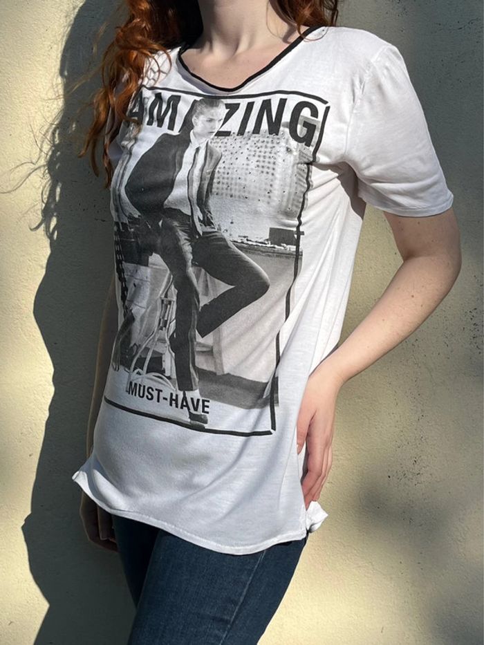 T-shirt long imprimé avec touches de strass - noir et blanc - photo numéro 7