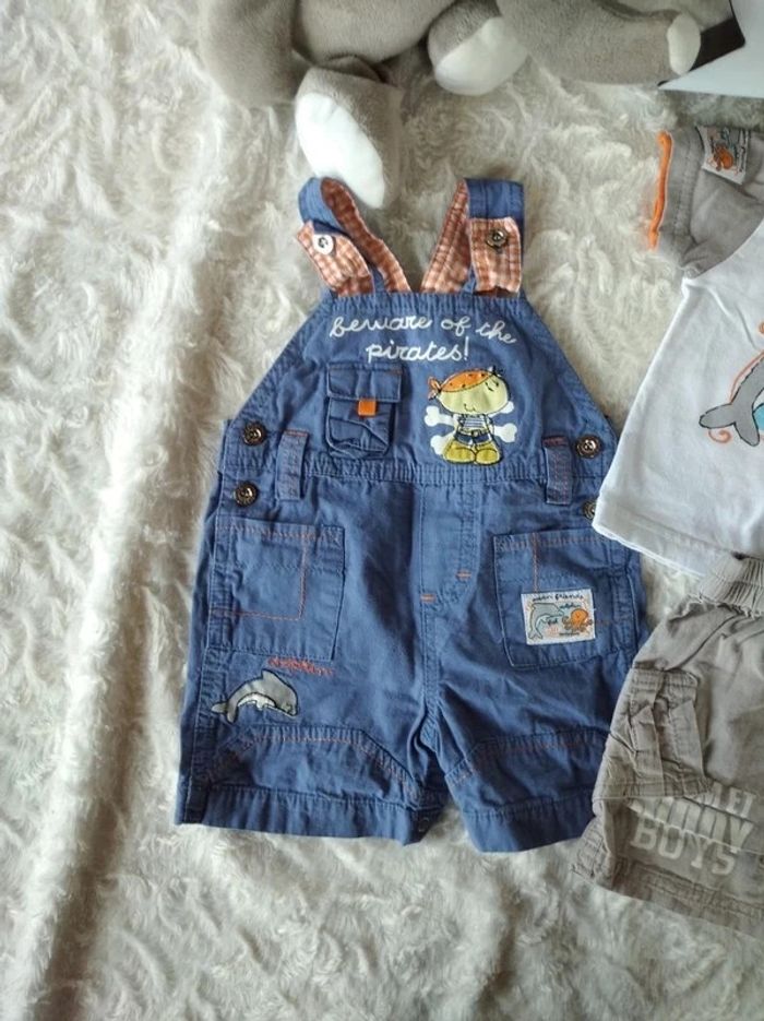 Ensemble (tee shirt+salopette+short) Garçon 6 mois dauphin pieuvre "ocean friends" 100% coton - photo numéro 3