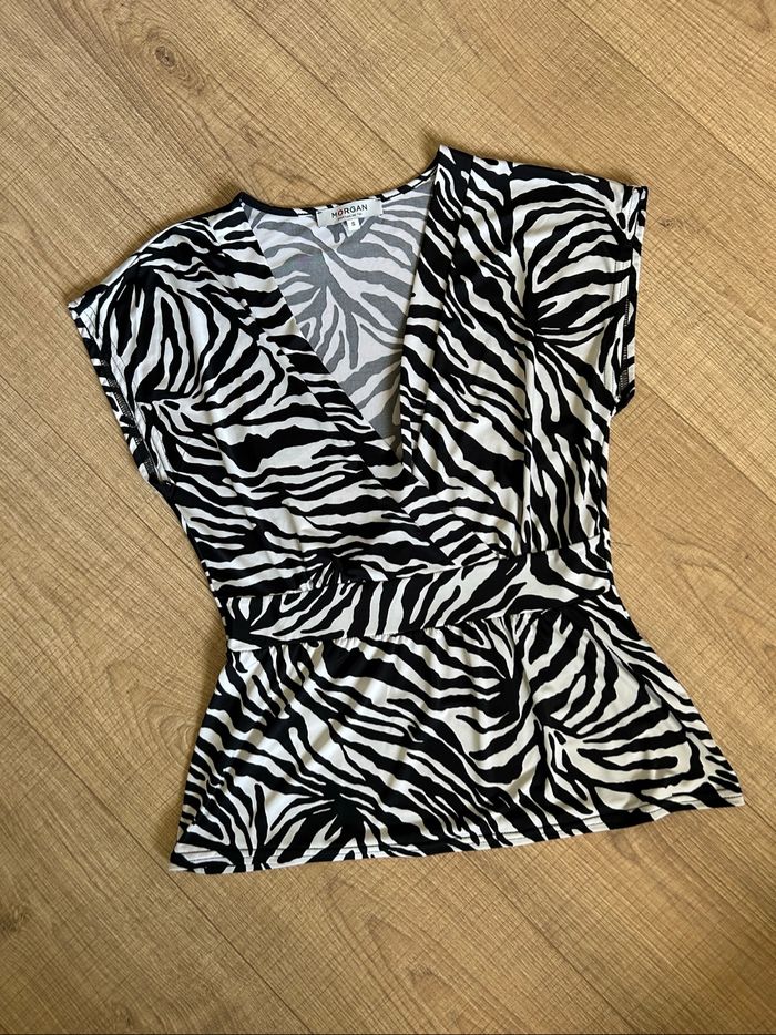 Blouse noire et blanche à manches courtes Morgan taille S TBE - photo numéro 7