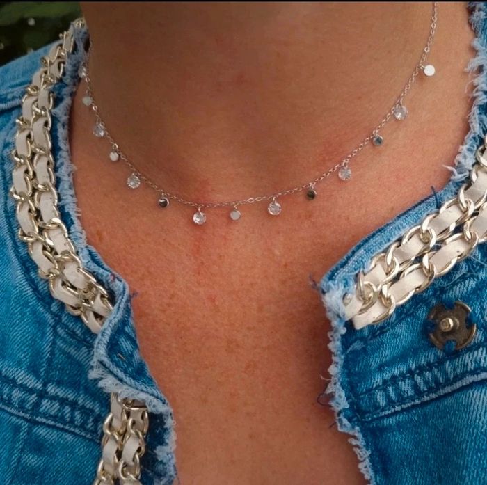 Collier ras de cou pampilles en argent 925 rhodié et oxydes de zirconium