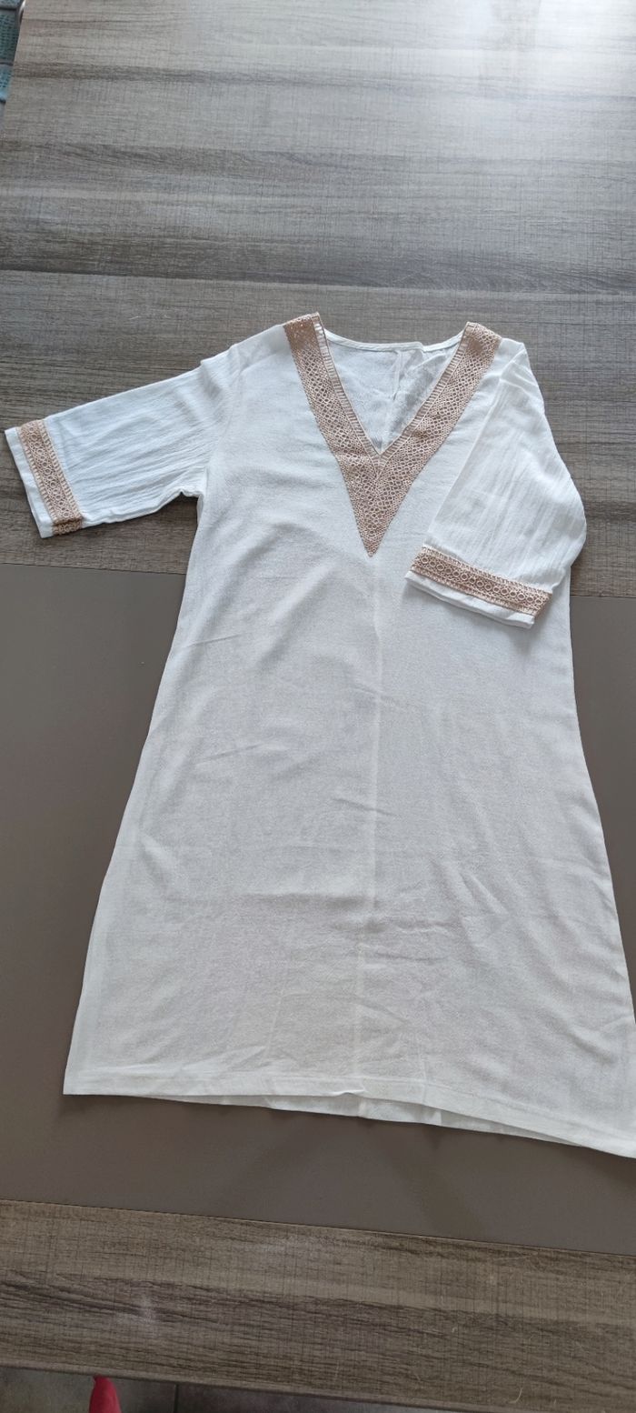 Robe à manches 3/4 et col en V avec bordure contrastée pour femme taille L couleur blanc beige - photo numéro 5